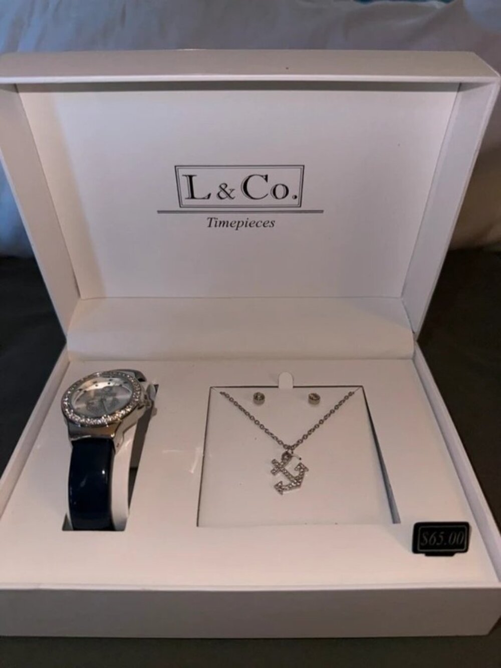 L & Co Timepiece - Silver Anchor Pendant Necklace Set & Watch